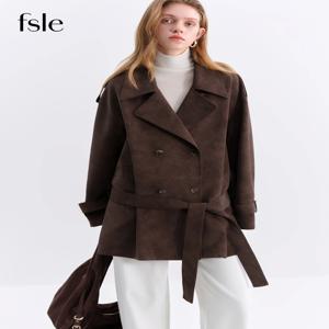 FSLE 레트로 더블 브레스티드 라펠 루즈 가죽 재킷 여성용 2025 겨울 신상 캐주얼 커피색 재킷 루즈 핏