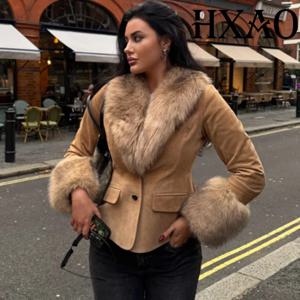 여성용 HXAO 블레이저 인조 모피 재킷 슬림핏 크롭 인조 가죽 스웨이드 재킷 여성용 긴 소매 우아한 여성 블레이저 코트