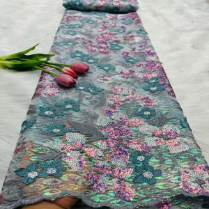 아프리카 스팽글 플로킹 레이스 원단 나이지리아 프랑스 메쉬 네트 레이스 원단 재봉용 2026 고품질 웨딩 파티 드레스