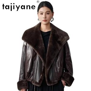 TAJIYANE 천연 양가죽 구스다운 코트 여성용 짧은 리얼 가죽 패딩 재킷 울 칼라 2025 겨울 의류