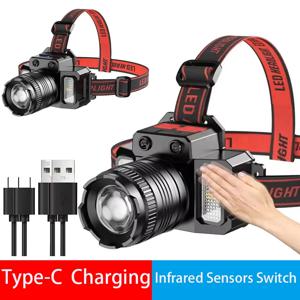 스마트 유도 백색광 LED 헤드라이트 줌 USB 충전 센서 LED 헤드램프 야외 다기능 헤드 토치 랜턴 램프