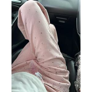 핑크 샤이니 다이아몬드 와이드 레그 청바지, 여성 하이웨이스트 스트레이트 레그 팬츠, 매력적인 쿨 걸 웨어 트렌드, 2024 가을 신상