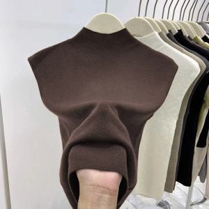 슬림핏 하프 하이 칼라 민소매 니트 탑 여성용 베이스 레이어 셔츠 조끼 한국 스타일 통근 패션 이너웨어