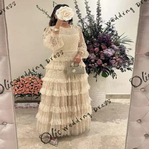 맞춤형 긴 소매 댄스 파티 드레스 오-넥 레이스 바닥 길이 주름 파티 드레스 이브닝 드레스2025