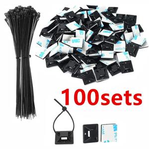 검정색 100세트 자체 접착식 고정 시트 클립 지퍼 타이 설치 라인 벽 브래킷 2cm x 2cm 케이블 타이 베이스