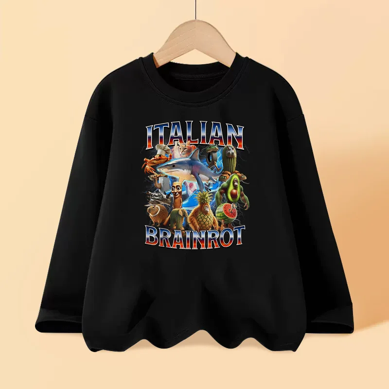 어린이를위한 이탈리아 Brainrot 긴 소매 티셔츠 소년을위한 봄, 가을 면화 셔츠 소녀 만화 탑 3-14T