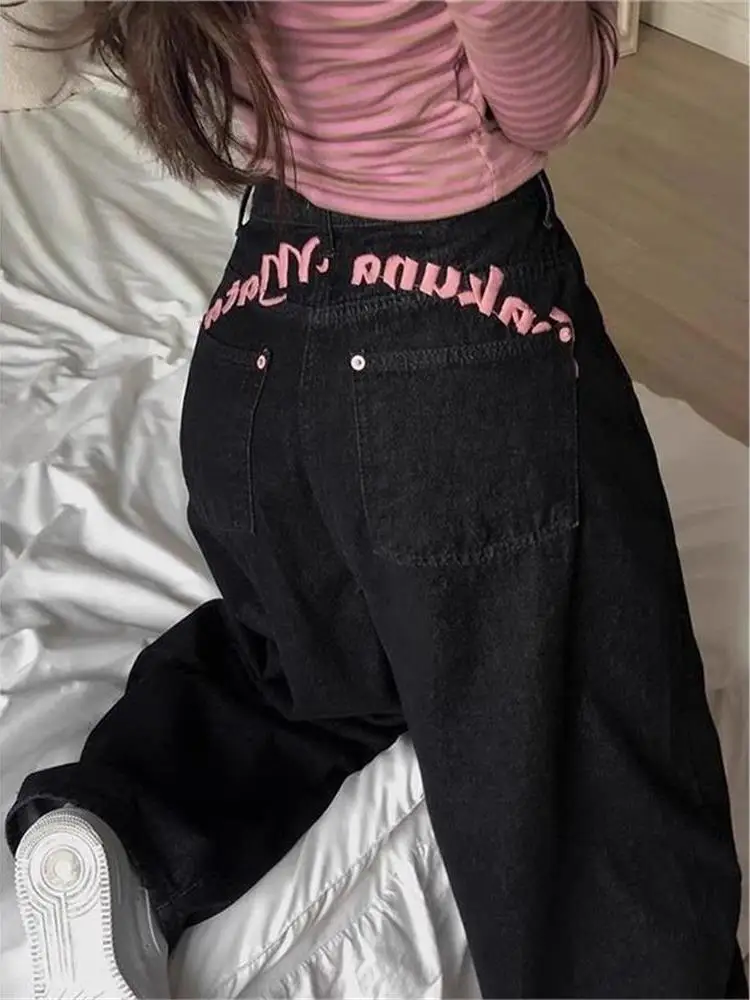 하이웨이스트 백스티치 레터 프린트 데님 진 여성 여름 신상 스윗 쿨 스파이시 걸 트렌디 롱 팬츠