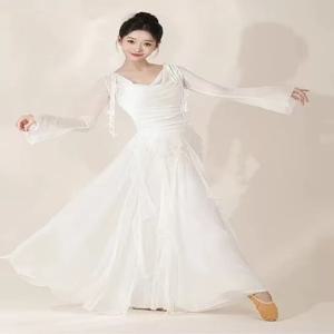 클래식 댄스 의상 에테리얼 거즈 탑 스커트 팬츠 트레이닝 유니폼 넥 스윙닝 네팅 루즈핏 스테이지 공연복