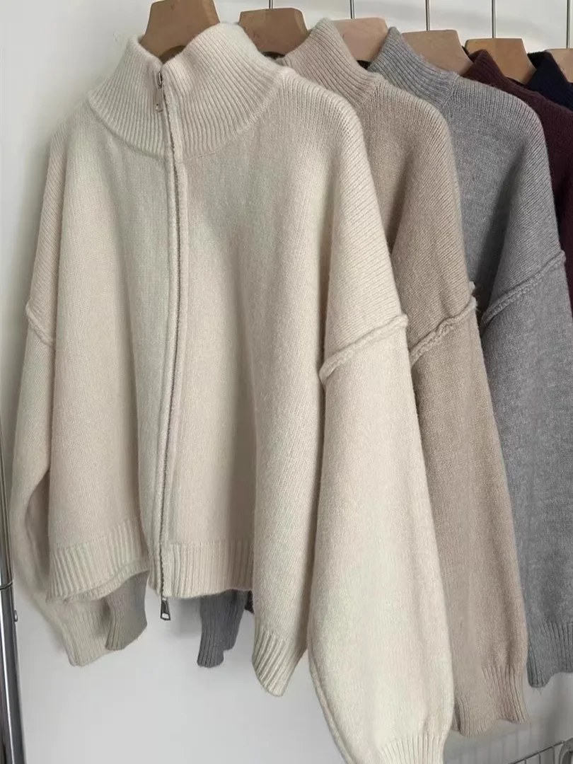 레트로 한국 스타일 여성 니트 가디건 스웨터 코트 더블 지퍼 캐주얼 라펠 가을 겨울 패션 만능 상의