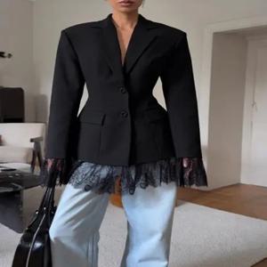 블랙 스몰 수트 재킷, 가을/겨울 신상 디자인, 레이스 스플라이싱, 출퇴근룩 여성용 긴팔 블레이저 탑