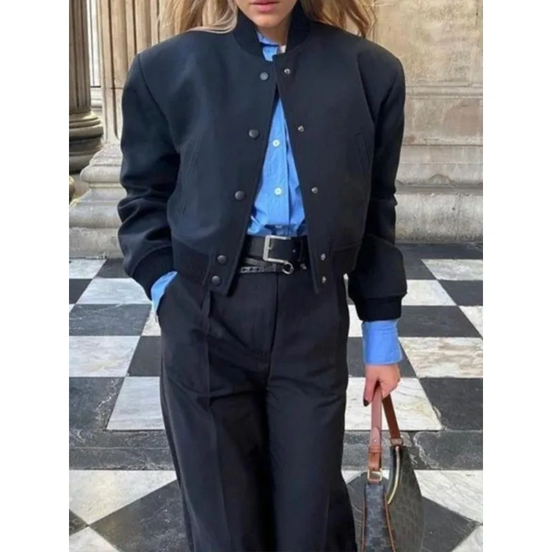 Tinaa Navu 여성용 블루 재킷 2026 스트레이트 야구 칼라 긴 소매 싱글 브레스트 포켓 캐주얼 오버코트 190987