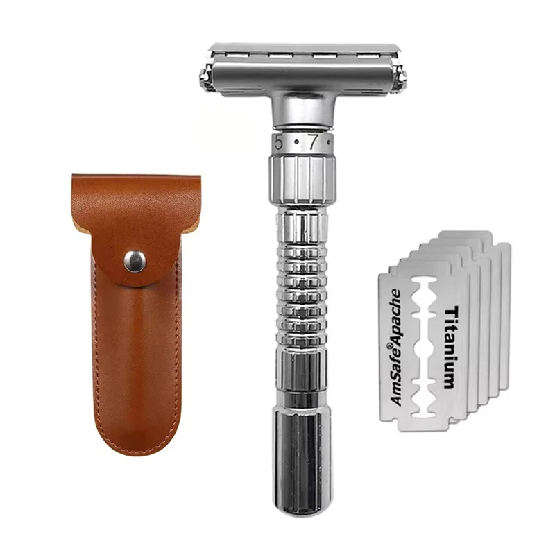 새로운 조절식 안전 면도기 더블 엣지 클래식 남성용 면도기 순한에서 강한 면도까지 1-6 파일 아연 합금 면도기 5개의 블레이드 포함