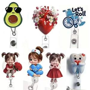 [2D 플랫] 1개 귀여운 간호사 테마의 신분증 클립이 있는 접이식 배지 홀더 - 의사, 간호사, 보조 간호사용 아크릴 의료진 이름표 릴