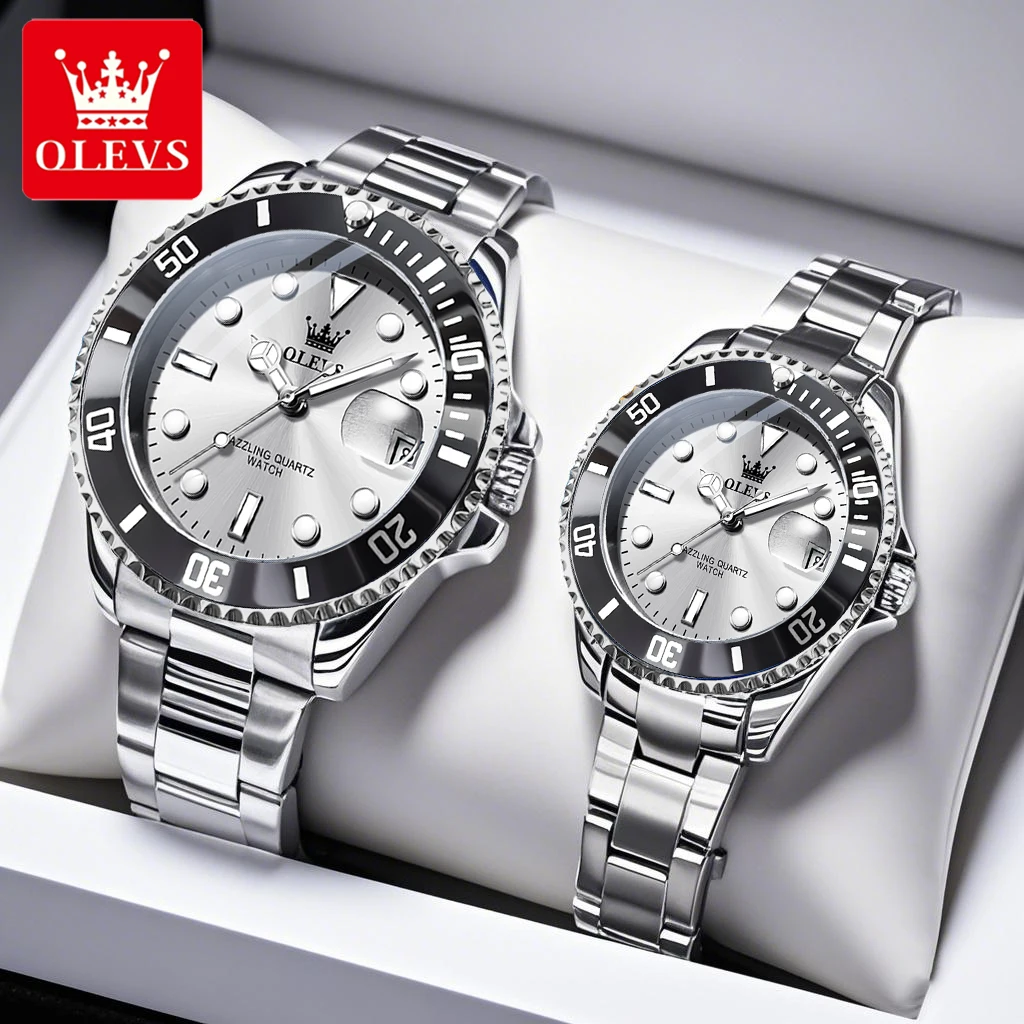 OLEVS 커플 시계 트렌드 패션 스테인레스 스틸 오리지널 쿼츠 시계 연인을 위한 프리미엄 선물 상자 손목시계 방수