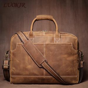 LUOKIR 남성용 빈티지 크레이지 호스 소가죽 핸드백, 가죽 소가죽 서류 가방, 주말 비즈니스 여행 컴퓨터 가방, 16 인치 노트북용