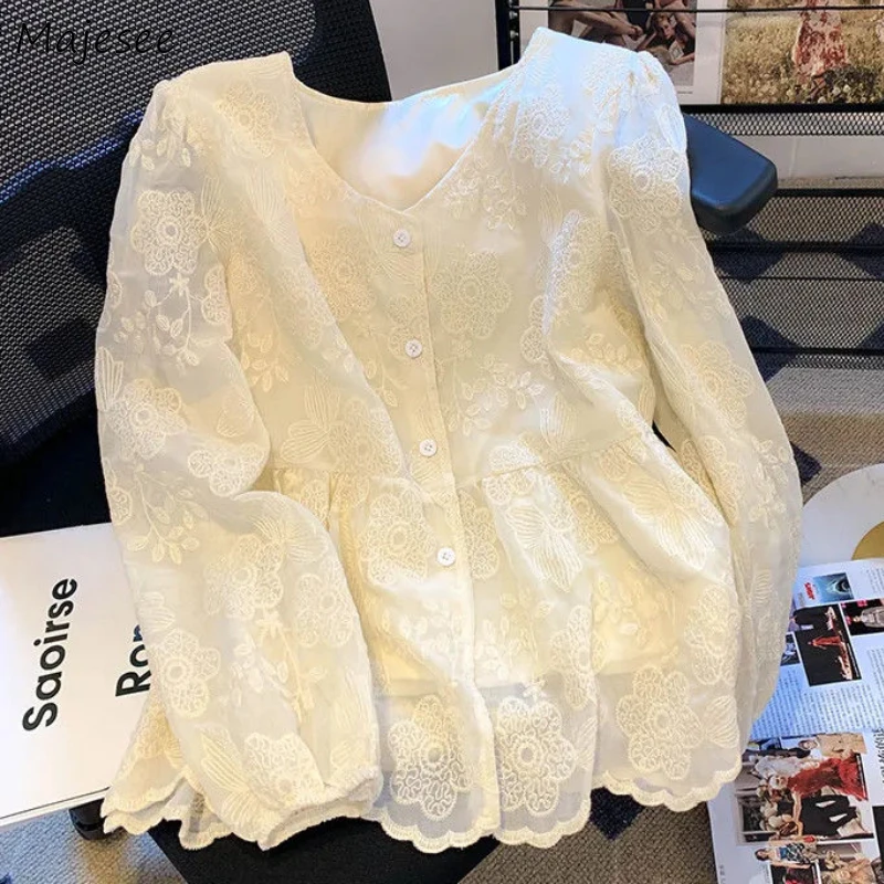 여성용 프렌치 스위트 긴팔 셔츠, 세련된 V넥 셔츠, 세련된 레이스, 카와이, 레트로 디자이너, 품격 있는 상의, 가을