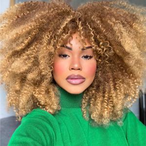 흑인 여성을 위한 곱슬 아프로 가발 앞머리가 있는 긴 곱슬 가발 합성 섬유 글루리스 전체 및 푹신한 긴 변태 곱슬 머리