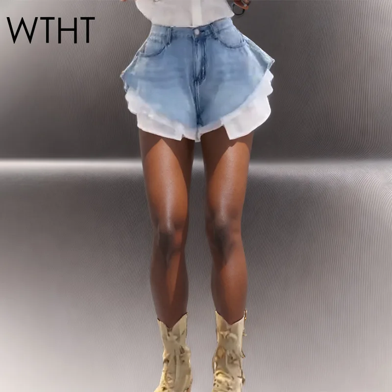 WTHT 새로운 패션 여성 패치 워크 밑단 워시 데님 반바지 2025 여름 유행 높은 허리 a 라인 짧은 바지 여성 1LS1393