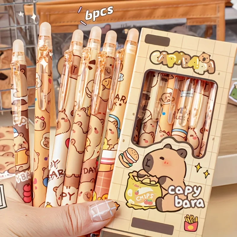 6pcs 귀여운 Capybara 지울 수있는 젤 펜 |   학교 및 사무실용 0.5mm 접이식 파란색 잉크 |   부드러운 필기감과 속건성 (6색)