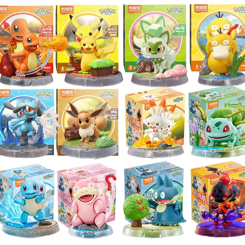 BLOKEES 오리지널 포켓몬 블라인드 박스 피카추 Squirtle Bulbasaur Slowpoke Munchlax Scorbunny Charcadet 조립 포켓몬 장난감 선물