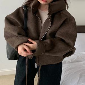 2색상 가을 겨울 울 재킷 여성 캐주얼 루즈 탈부착 가능한 후드 한국 스타일 긴 소매 지퍼 코트 여성용 (JL3880)