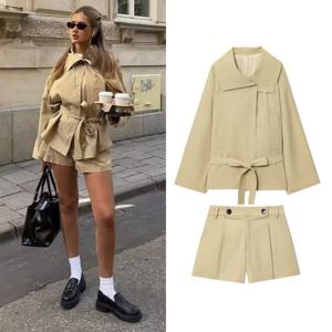 티달리프 2025 신상 여성 데일리웨어 숏 세트 턴다운 칼라 긴팔 허리밴드 아우터 숏 팬츠 캐주얼 엘레강스 가을