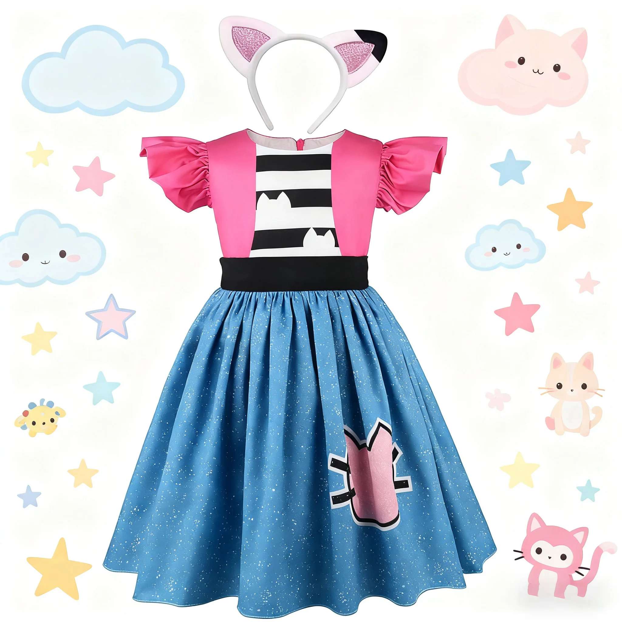 개비의 인형의 집 옷 소녀 개비 고양이 드레스 소녀 귀여운 캐주얼 드레스 & 머리띠 어린이 키즈 플라잉 슬리브 공주 드레스