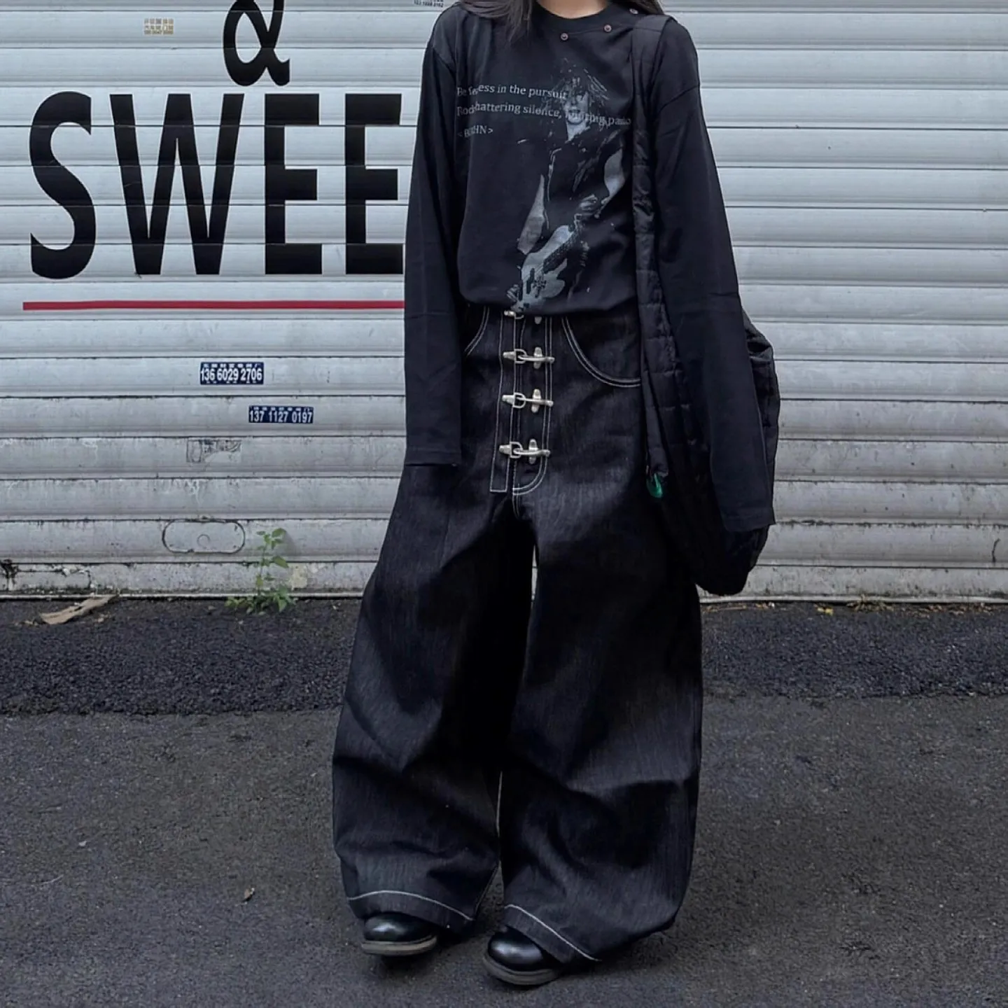 여성용 멀티 버튼 디자인 곡선 와이드 레그 청바지 하이 웨이스트 스트레이트 헐렁한 데님 바지 여성 빈티지 스트리트 스타일 바지