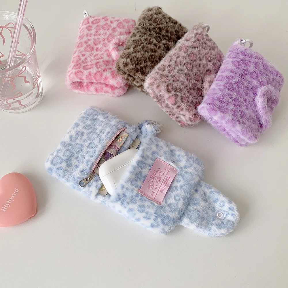 겨울 INS 패션 레오파드 프린트 플러시 스냅 지갑 카드 가방 귀여운 일본 소녀 펜던트 동전 지갑 잔돈 보관 가방 어린이 선물