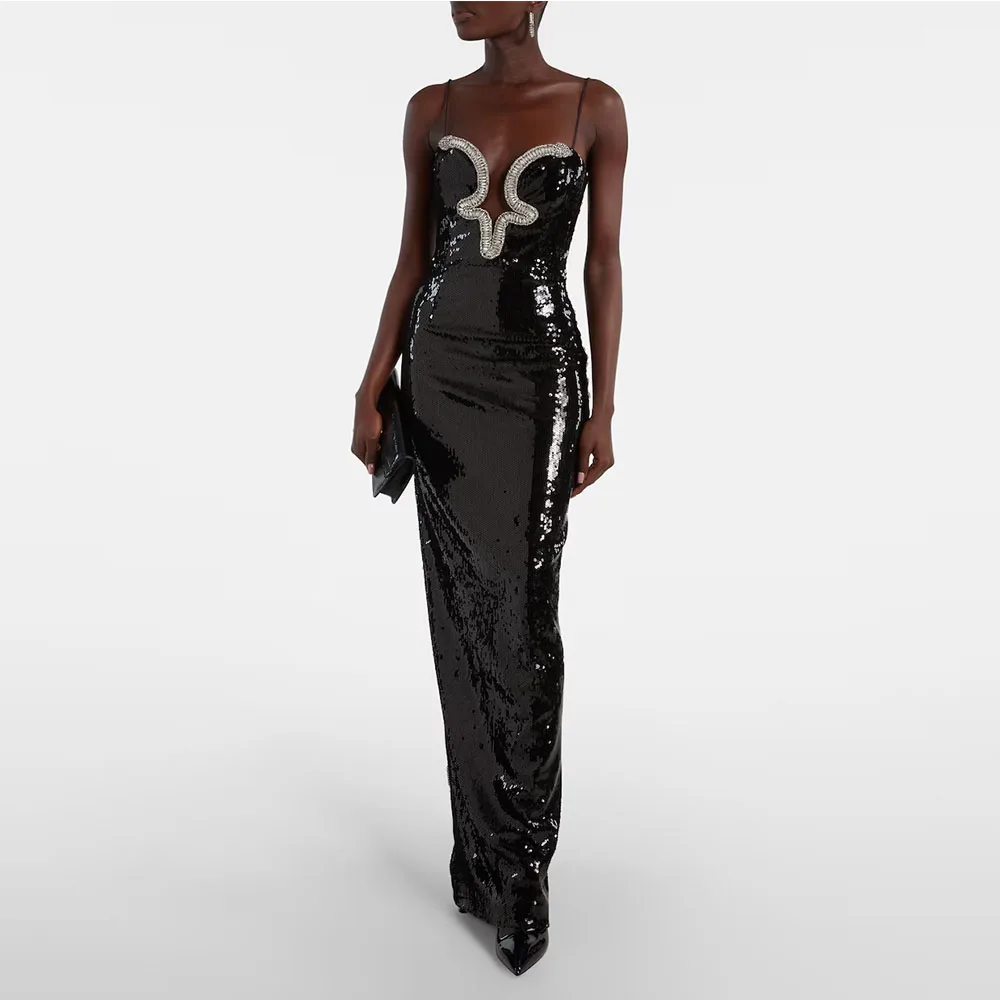 블랙 스팽글 여성 이브닝 가운 머메이드 플로어 기장 정장 파티 드레스 스파게티 스트랩 사우디 드레스 비딩 프롬 드레스