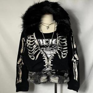 가을 미국 빈티지 고딕 펑크 아우터웨어 여성용 퍼 칼라 해골 프린트 Y2K 서브컬쳐 후디 하라주쿠 캐주얼 스트리트웨어