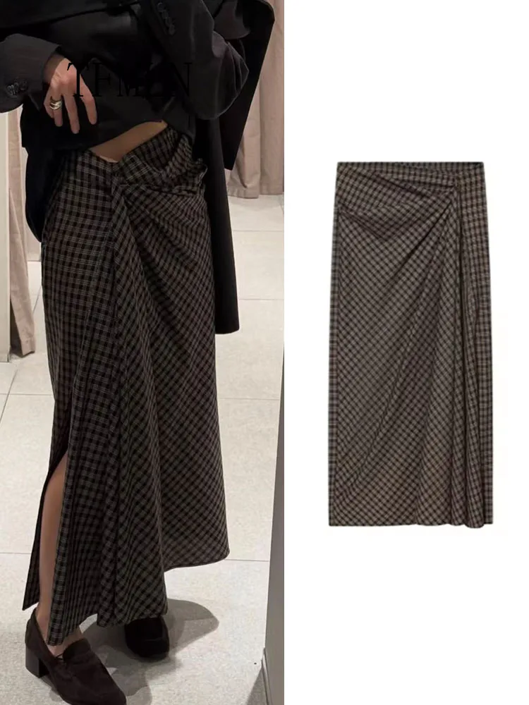 TFMLN 패션 여성 체크 스트레이트 미디 스커트 하이 웨이스트 슬림 롱 스커트 빈티지 시크 플리츠 트렌디 사이드 지퍼 드레스