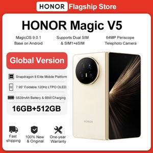 HONOR Magic V5 16GB+512GB 글로벌 버전 5G 스마트폰 120Hz 폴더블 OLED 스크린 스냅드래곤 8 엘리트 5820mAh 66W 슈퍼차지 NFC