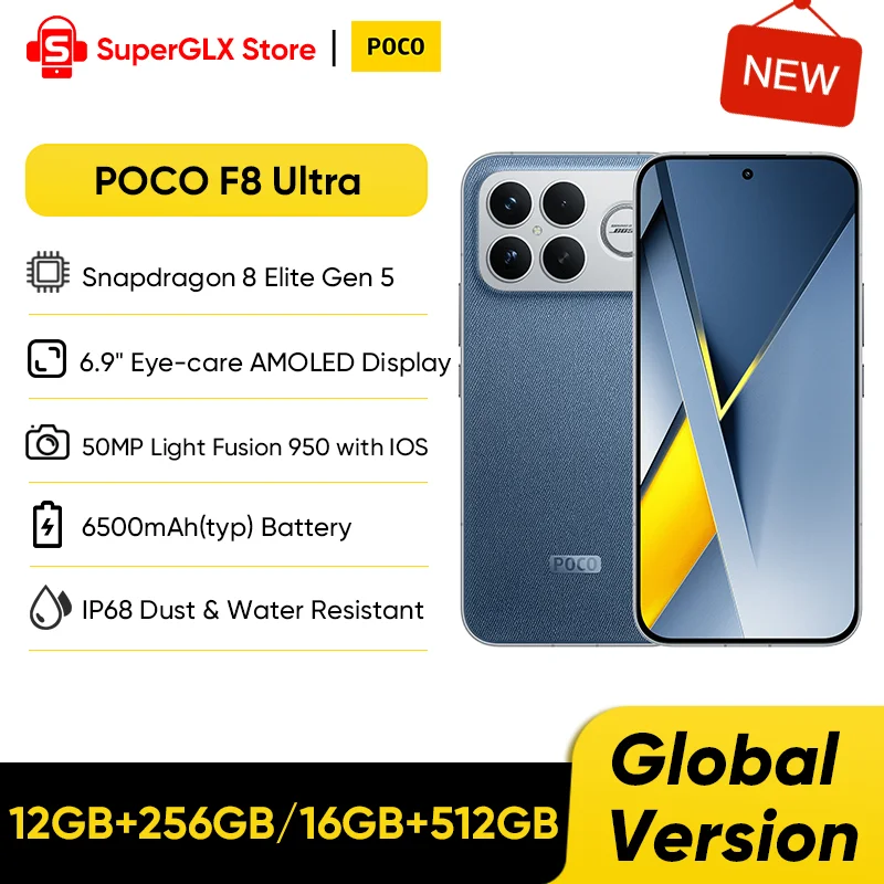 오리지널 포코 F8 울트라 글로벌 버전 5G 스마트폰 스냅드래곤 8 엘리트 5세대 6.9인치 AMOLED 디스플레이 50MP 6500mAh 100W 하이퍼차지