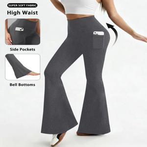 여성용 슈퍼 소프트 플레어 팬츠, 포켓 포함, 하이웨이스트 뱃살 보정 운동 요가 푸쉬업 짐 피트니스 레깅스 벨바텀