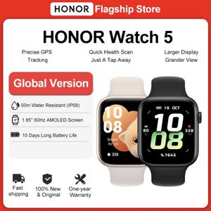 글로벌 버전 HONOR Watch 5 스마트워치 1.85'' AMOLED 컬러 스크린 480mAh 배터리 15일 배터리 수명 5ATM+IP68 블루투스 5.2
