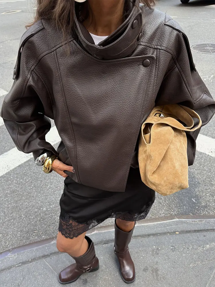 HH 2026 여성 트렌드 PU 가죽 블랙 코트 스탠드 칼라 긴소매 지퍼 재킷 여성 패션 빈티지 하이 스트리트 PU 재킷