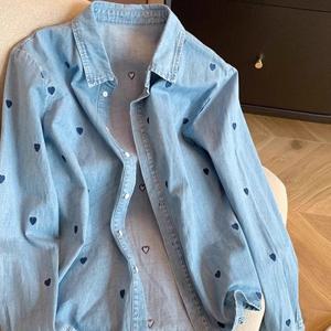 2529537 - 하트 자수 데님셔츠 여성셔츠 빅사이즈남방 셔츠블라우스 오버핏셔츠 여성남방 롱블라우스 와이드