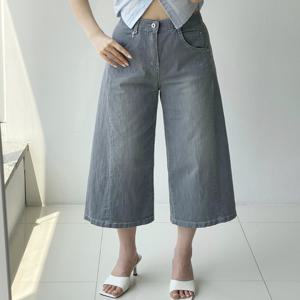 여성 쿨 썸머 스판 밴딩 절개 8부 와이드 데님팬츠 통청바지