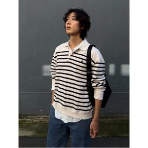 [정가 199,000원] 캐주얼 소프트 코튼 스트라이프 칼라넥 맨투맨  아이보리 (BC5X41C020)