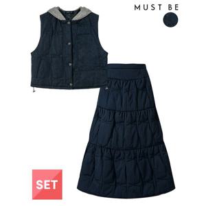 [하프클럽] 여성 후드 누빔 패딩조끼 롱스커트 셋업