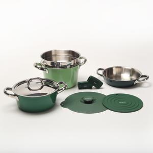 [그린컬러] 디엣지 클리어 인덕션 통3중 스텐 냄비 세트 (실리콘 손잡이 냄비받침 뚜껑 포함)
