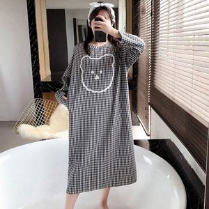 여성 체크 곰돌이 원피스잠옷 임산부 홈웨어 실내복 수면잠옷 긴팔 파자마
