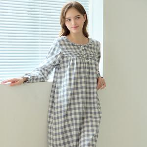 G.클럽체크 긴팔 약기모 순면 여성 빅사이즈 원피스 잠옷