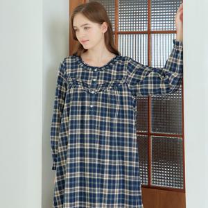 네이비타탄체크 긴팔 약기모 순면 여성 빅사이즈 원피스 잠옷
