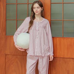 베이비핑크잔꽃 긴팔 약기모 순면 여성 빅사이즈 원피스 잠옷