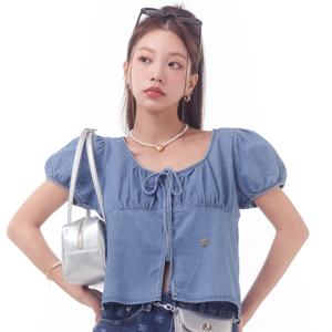 DENIM RIBBON PUFF BLOUSE