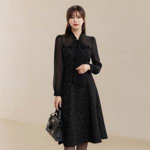 (~XXL까지) 시스루 타이넥 트위드 원피스 겨울 플레어 오피스룩 하객룩 연말룩 모임룩 빅사이즈