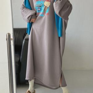 [브리치]  / 여성 기모 프린팅 루즈 오버 핏 빅사이즈 롱 원피스 겨울 홈웨어 3컬러