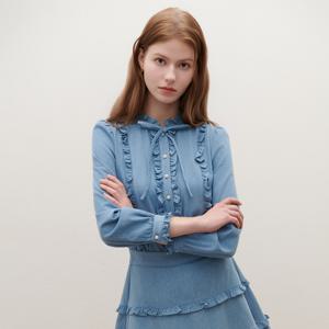 [샤틴]러플 리본 데님 블라우스 S261B252